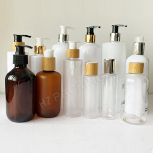 Bamboo Cosmetic Packaging White Clear Amber Black Plastic Lotion Toner Conditioner Shampoo Bottle with Bamboo Wood Pumps Lid